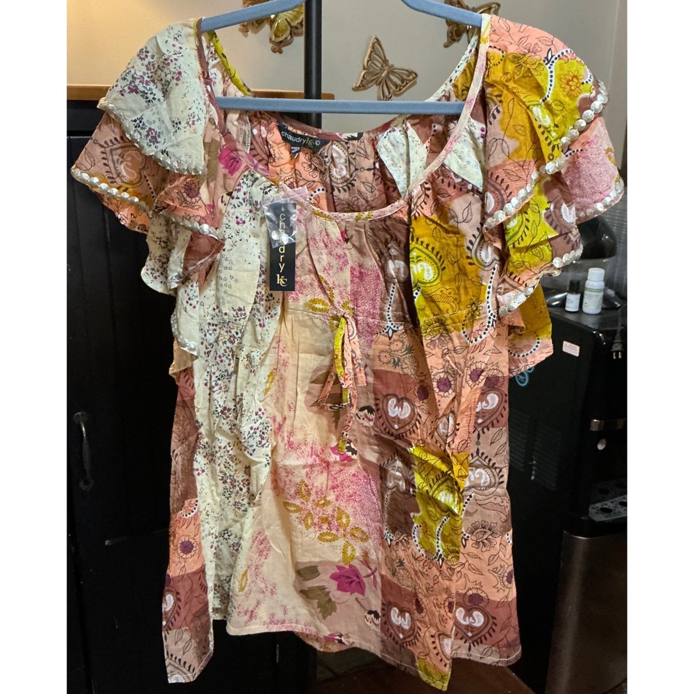 Chaudry KC Women Patchwork Floral Paisley Flutter Sleeve Sequin Trim Blouse NWT